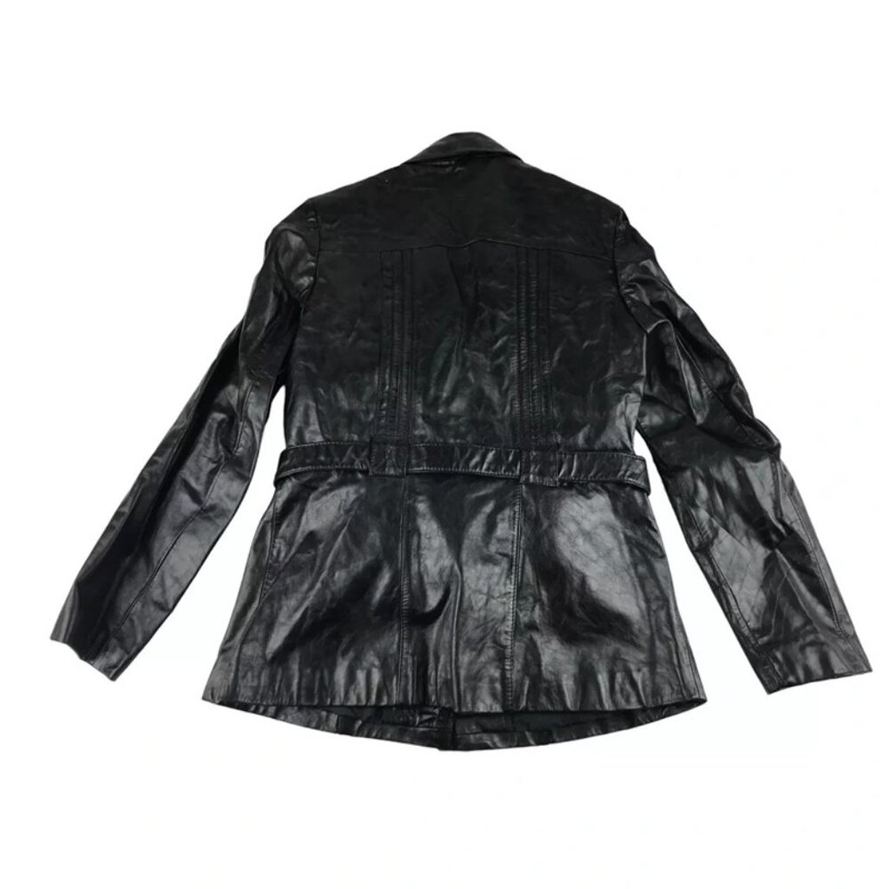 Berman's Womens Black Leather Pockets Long Sleeve Belted Jacket Size 16 - Picture 7 of 9